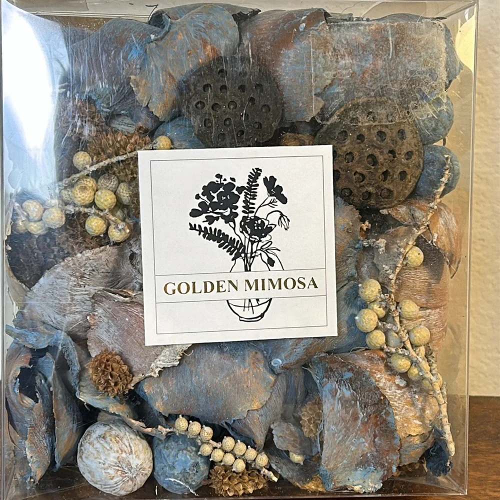 NWT Boxed Natural Golden Mimosa Blue Potpourri Decor Container Filler